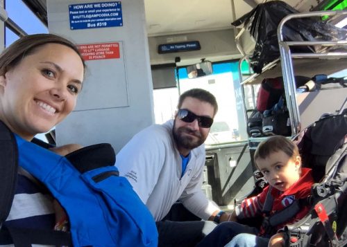 Riding the bus to the airport with infant and toddler