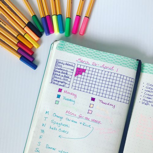 Bullet Journal habit tracker spread with pens