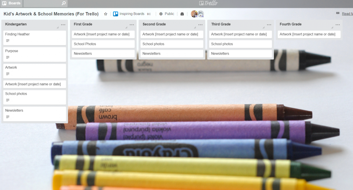 Kids Artwork and School Memories Trello Board Example